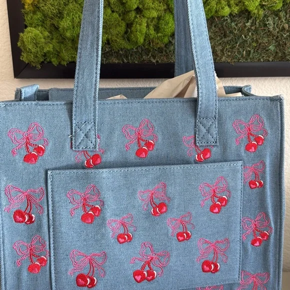 Betsey Johnson Blue Denim Tote with Red Cherry Embroidery - Picture 4 of 5